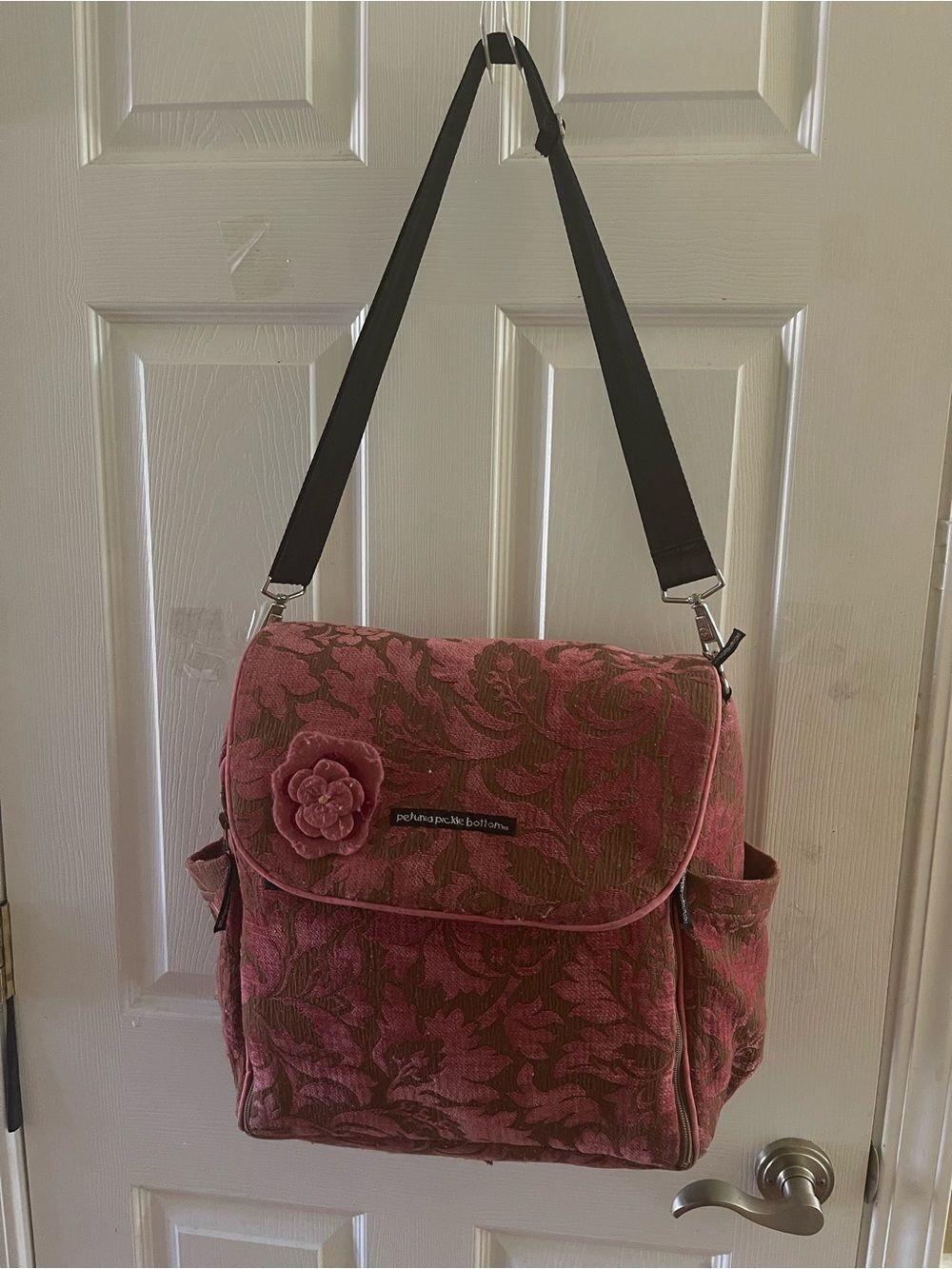 Petunia Pickle Bottom Pink Floral Jacquard Messenger Diaper Bag with Black Strap